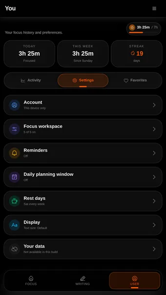 Settings: account, focus workspace, reminders, daily planning window, rest days set to Sunday every week, display size, and data export.